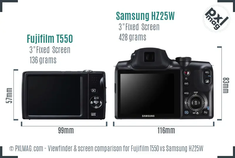 Fujifilm T550 vs Samsung HZ25W Screen and Viewfinder comparison
