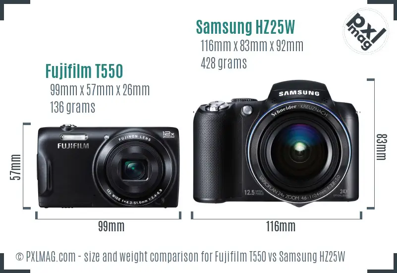 Fujifilm T550 vs Samsung HZ25W size comparison