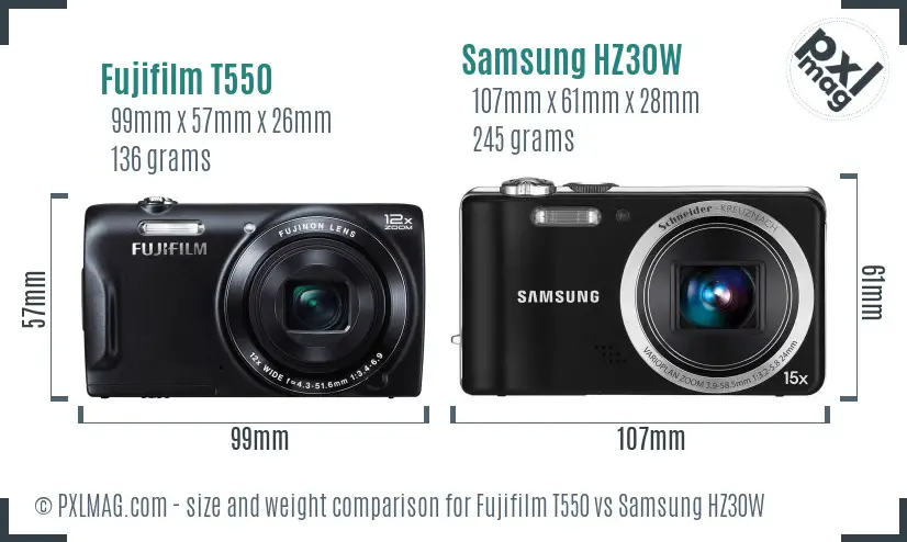 Fujifilm T550 vs Samsung HZ30W size comparison