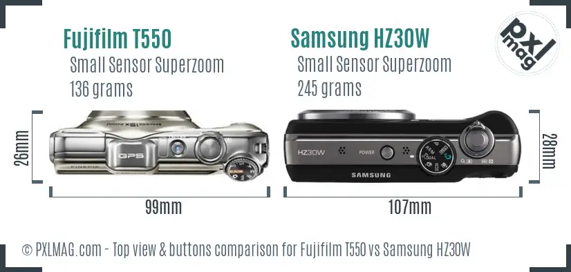 Fujifilm T550 vs Samsung HZ30W top view buttons comparison