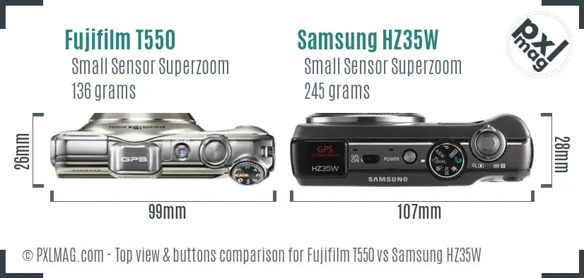 Fujifilm T550 vs Samsung HZ35W top view buttons comparison