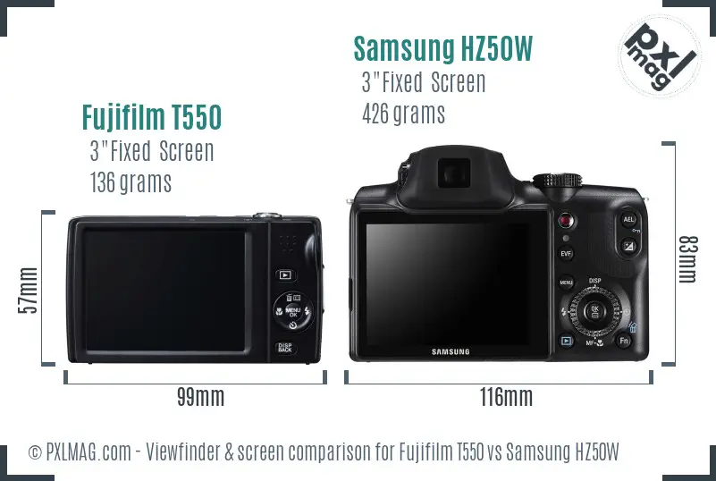 Fujifilm T550 vs Samsung HZ50W Screen and Viewfinder comparison