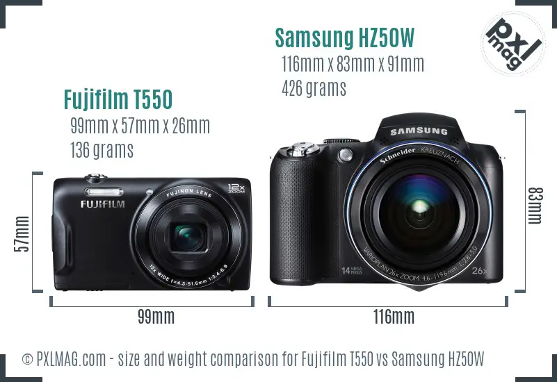 Fujifilm T550 vs Samsung HZ50W size comparison