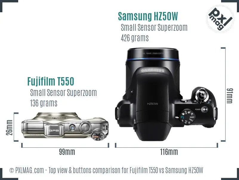 Fujifilm T550 vs Samsung HZ50W top view buttons comparison