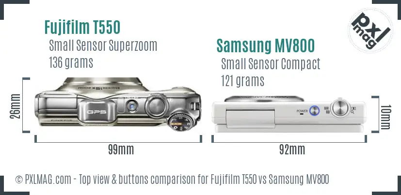 Fujifilm T550 vs Samsung MV800 top view buttons comparison