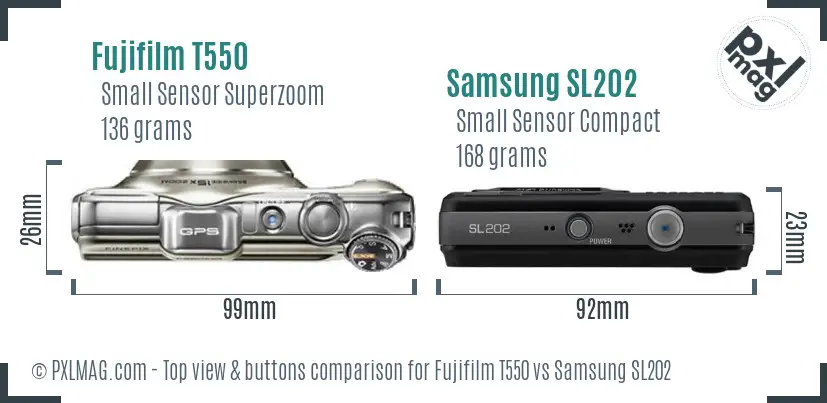 Fujifilm T550 vs Samsung SL202 top view buttons comparison Fujifilm T550 vs Samsung SL202 top view buttons comparison