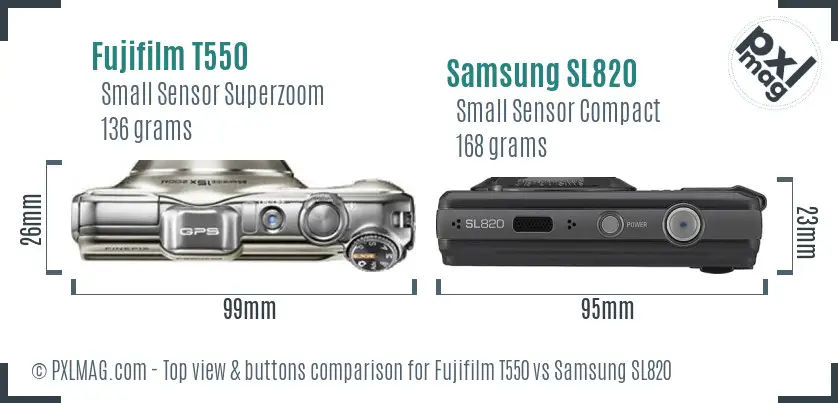 Fujifilm T550 vs Samsung SL820 top view buttons comparison