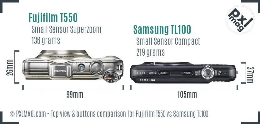 Fujifilm T550 vs Samsung TL100 top view buttons comparison