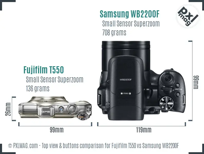 Fujifilm T550 vs Samsung WB2200F top view buttons comparison Fujifilm T550 vs Samsung WB2200F top view buttons comparison