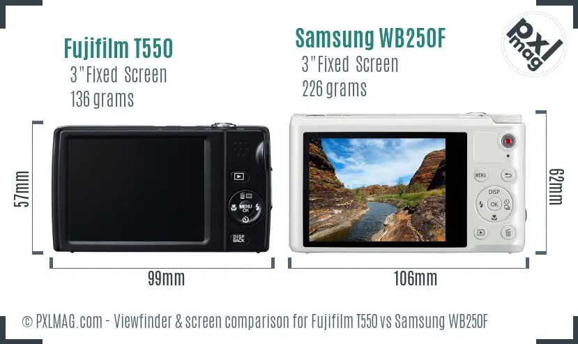 Fujifilm T550 vs Samsung WB250F Screen and Viewfinder comparison