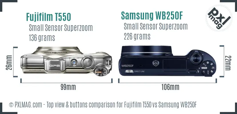 Fujifilm T550 vs Samsung WB250F top view buttons comparison