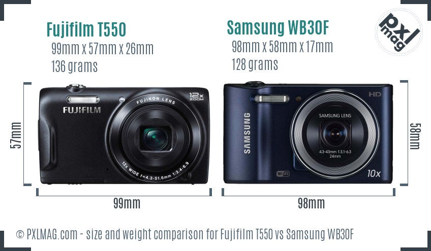Fujifilm T550 vs Samsung WB30F size comparison