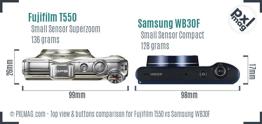 Fujifilm T550 vs Samsung WB30F top view buttons comparison