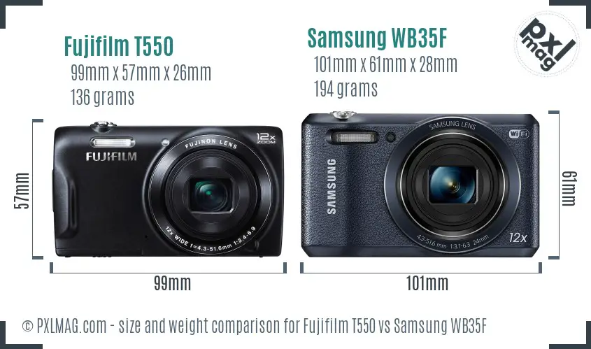 Fujifilm T550 vs Samsung WB35F size comparison