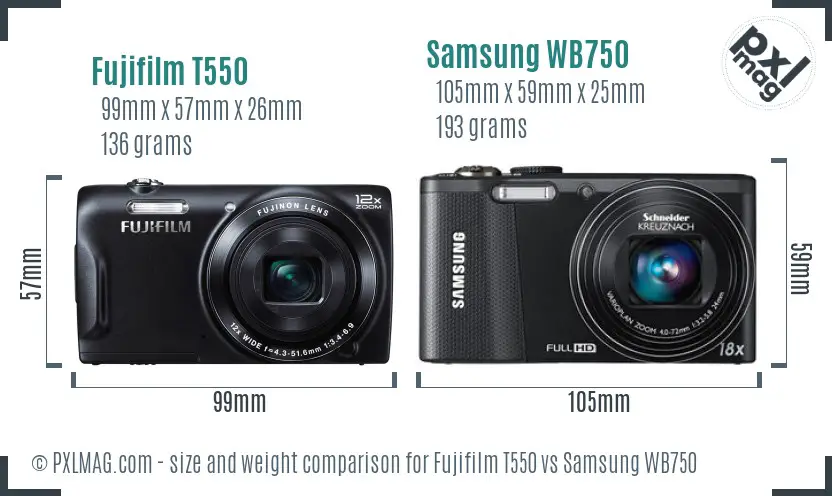 Fujifilm T550 vs Samsung WB750 size comparison