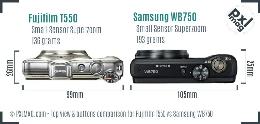Fujifilm T550 vs Samsung WB750 top view buttons comparison