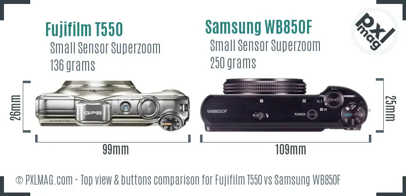 Fujifilm T550 vs Samsung WB850F top view buttons comparison