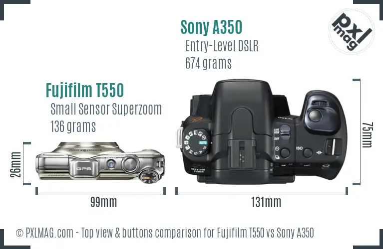Fujifilm T550 vs Sony A350 top view buttons comparison Fujifilm T550 vs Sony A350 top view buttons comparison