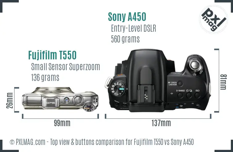 Fujifilm T550 vs Sony A450 top view buttons comparison Fujifilm T550 vs Sony A450 top view buttons comparison