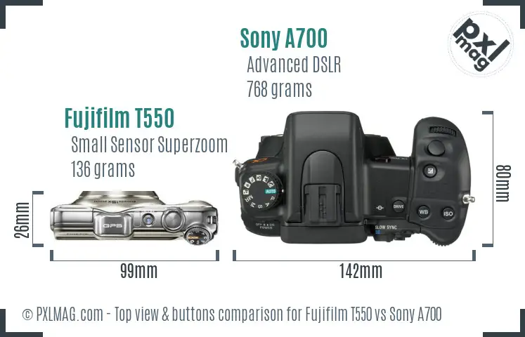 Fujifilm T550 vs Sony A700 top view buttons comparison Fujifilm T550 vs Sony A700 top view buttons comparison