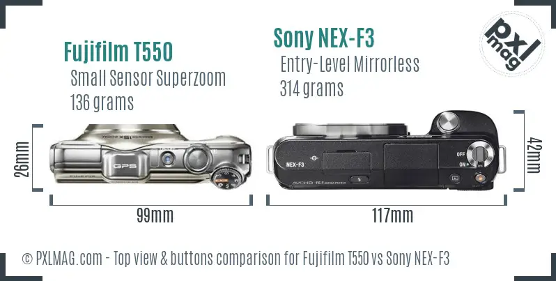 Fujifilm T550 vs Sony NEX-F3 top view buttons comparison