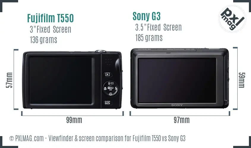 Fujifilm T550 vs Sony G3 Screen and Viewfinder comparison