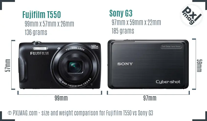 Fujifilm T550 vs Sony G3 size comparison