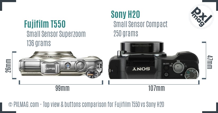 Fujifilm T550 vs Sony H20 top view buttons comparison