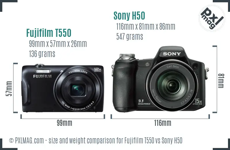 Fujifilm T550 vs Sony H50 size comparison
