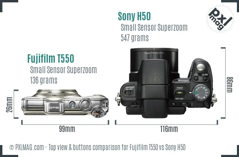 Fujifilm T550 vs Sony H50 top view buttons comparison