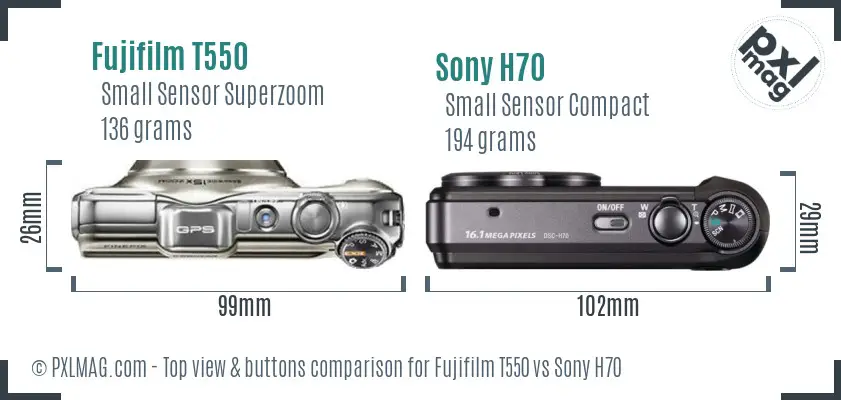 Fujifilm T550 vs Sony H70 top view buttons comparison Fujifilm T550 vs Sony H70 top view buttons comparison