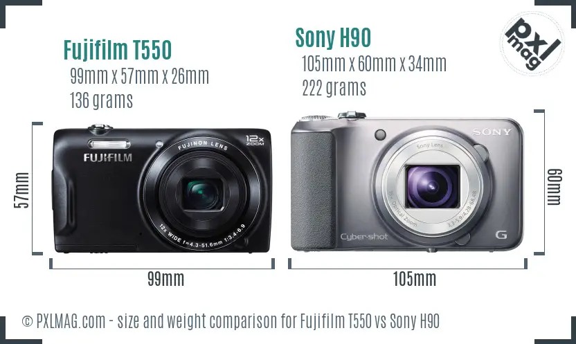 Fujifilm T550 vs Sony H90 size comparison