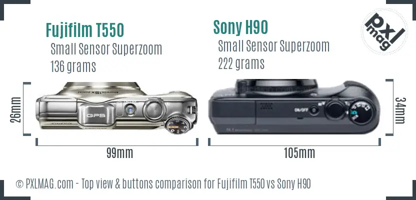 Fujifilm T550 vs Sony H90 top view buttons comparison