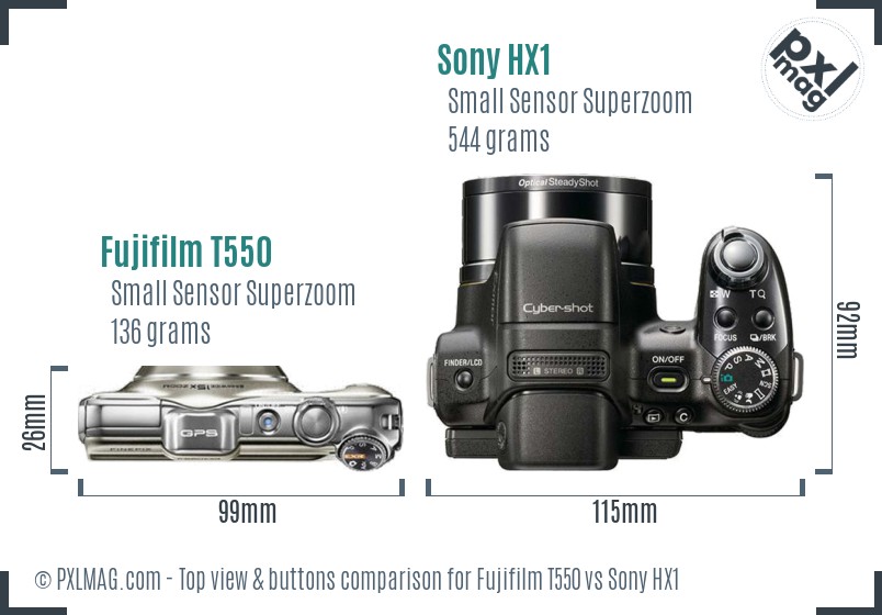 Fujifilm T550 vs Sony HX1 top view buttons comparison