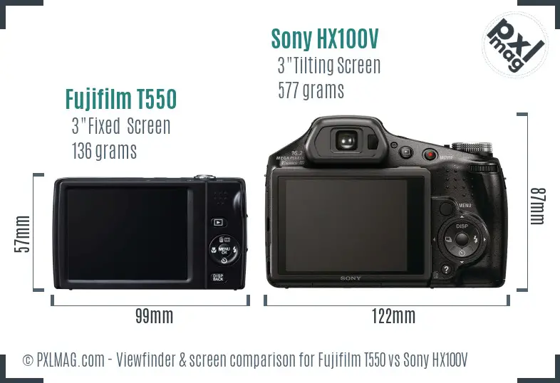 Fujifilm T550 vs Sony HX100V Screen and Viewfinder comparison