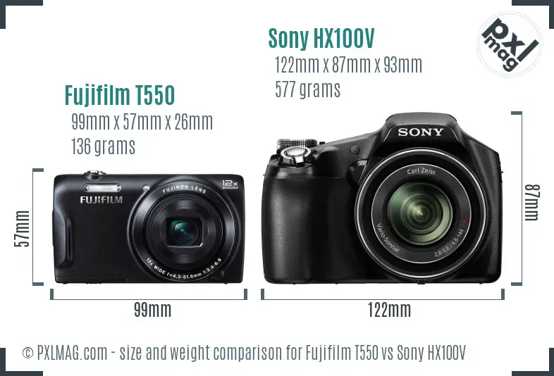 Fujifilm T550 vs Sony HX100V size comparison