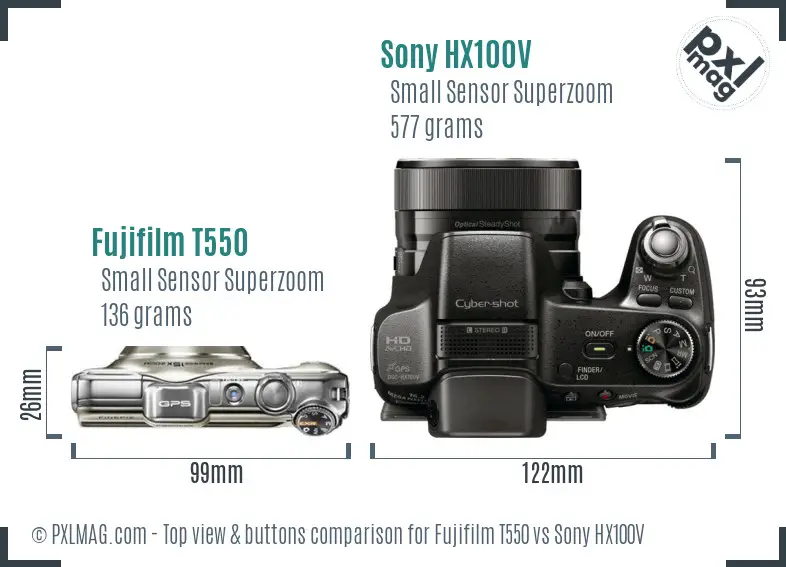 Fujifilm T550 vs Sony HX100V top view buttons comparison