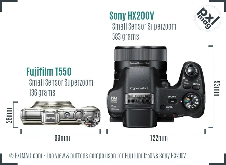 Fujifilm T550 vs Sony HX200V top view buttons comparison