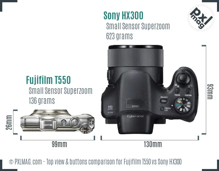 Fujifilm T550 vs Sony HX300 top view buttons comparison