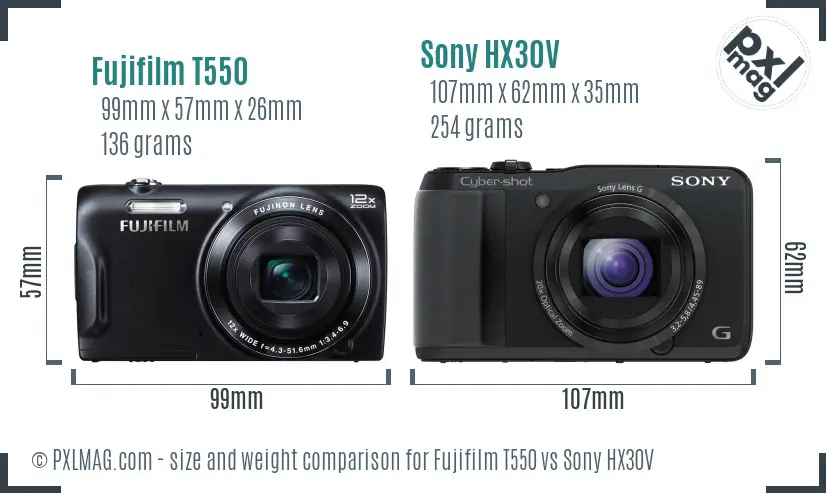 Fujifilm T550 vs Sony HX30V size comparison