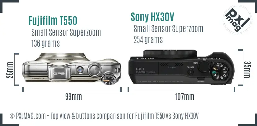 Fujifilm T550 vs Sony HX30V top view buttons comparison