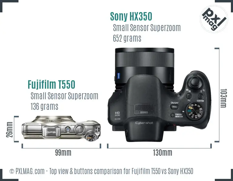 Fujifilm T550 vs Sony HX350 top view buttons comparison