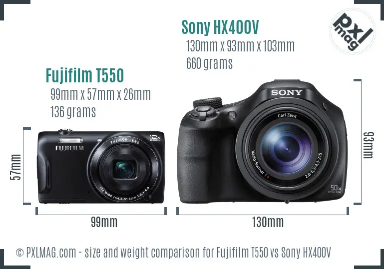 Fujifilm T550 vs Sony HX400V size comparison