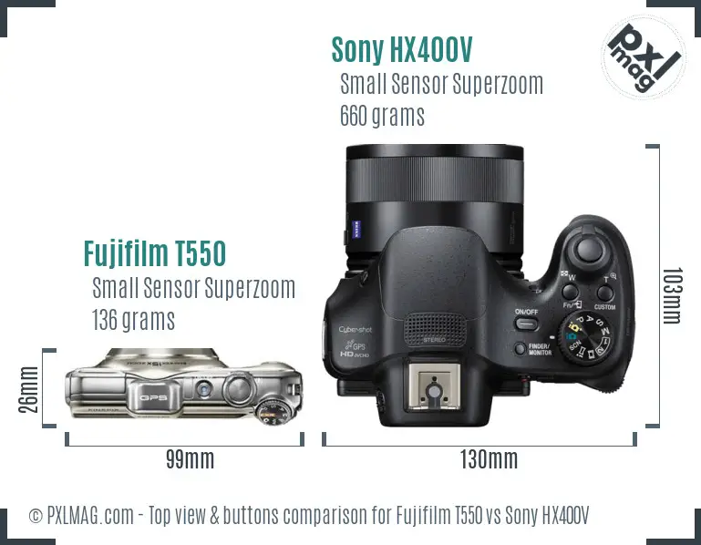 Fujifilm T550 vs Sony HX400V top view buttons comparison