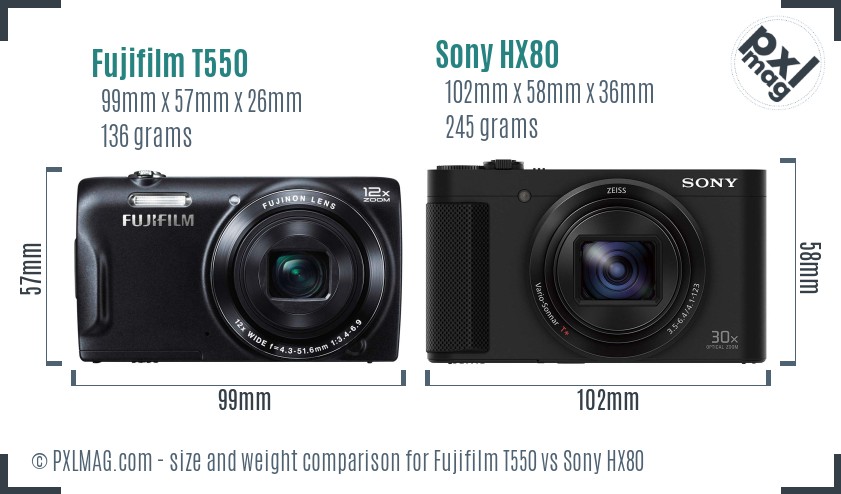 Fujifilm T550 vs Sony HX80 size comparison