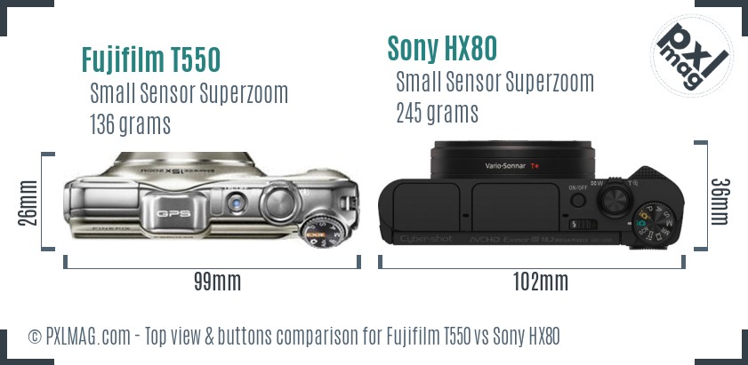 Fujifilm T550 vs Sony HX80 top view buttons comparison