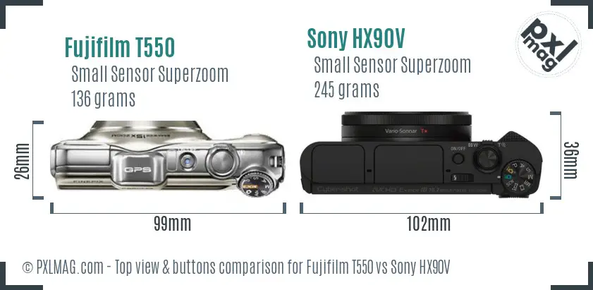 Fujifilm T550 vs Sony HX90V top view buttons comparison