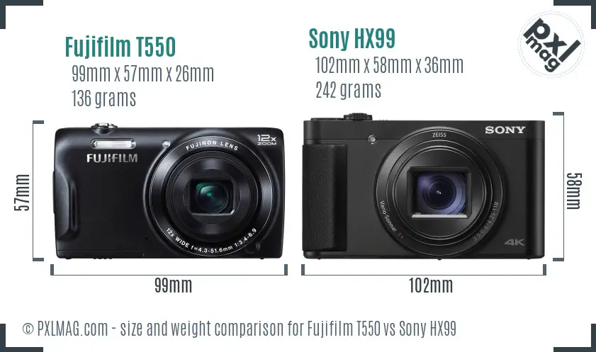 Fujifilm T550 vs Sony HX99 size comparison