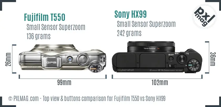 Fujifilm T550 vs Sony HX99 top view buttons comparison
