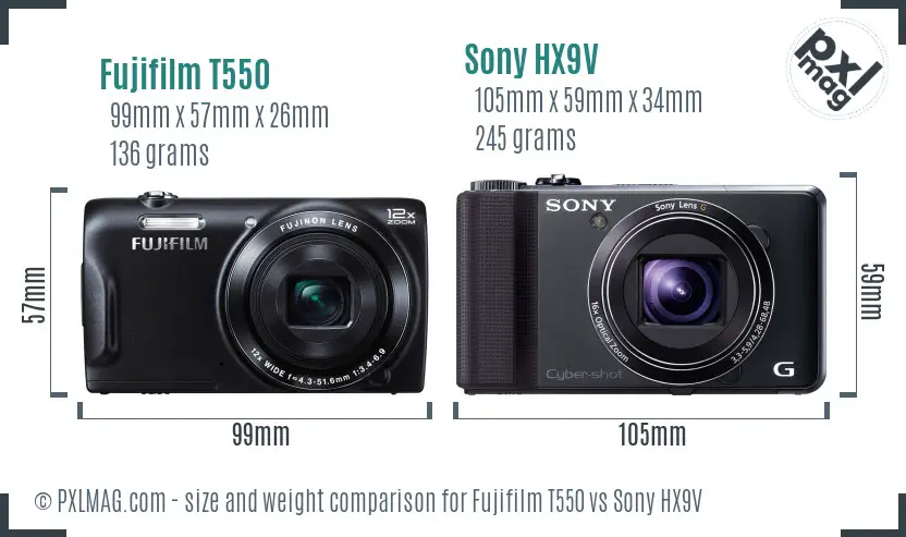 Fujifilm T550 vs Sony HX9V size comparison
